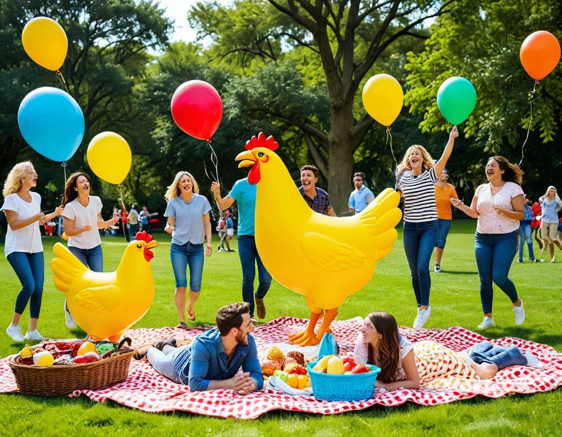 A lively scene depicting adults laughing together in a vibrant park setting, surrounded by whimsical elements like oversized comedy props and colorful balloons. They are engaged in playful activities, showcasing the joy of adult humor through expressive facial features and dynamic poses. Include hints of recreational games like frisbee and a picnic setup to enhance the atmosphere of excitement. bright colors. super-realistic.