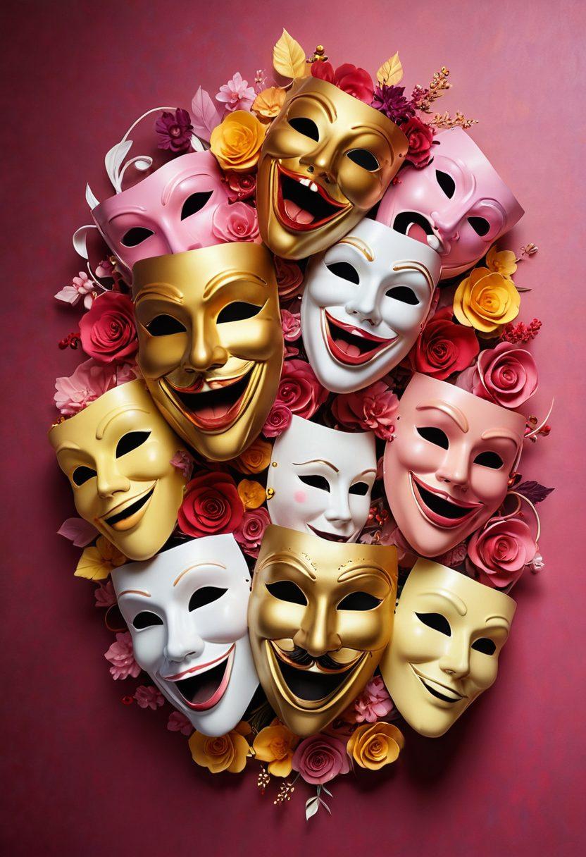 A whimsical juxtaposition of playful comedy masks and intimate video imagery, merging laughter and sensuality. The background features a gradient transitioning from vibrant, cheerful colors to warm, intimate shades, symbolizing the spectrum of pleasure. Artistic elements like film reel frames and heart motifs intertwine to convey the mature theme. The composition should evoke curiosity and allure. vibrant colors. super-realistic.
