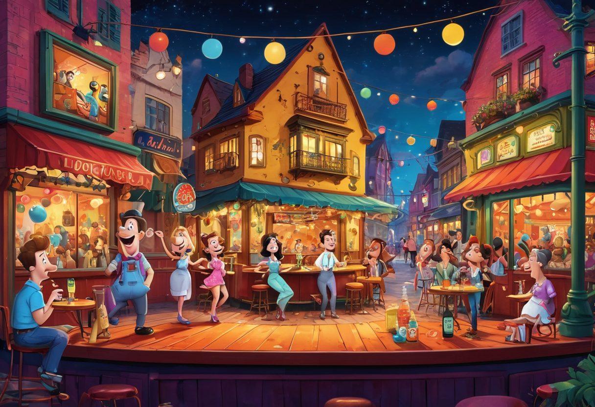 An eye-catching collage featuring whimsical cartoon characters in a playful setting, with scenes depicting adult humor through light-hearted jokes and innuendos. The background should have a subtle blend of vibrant colors suggesting nightlife, laughter, and entertainment, including elements like a comedy stage, cocktails, and laughter bubbles. The characters should be diverse and animated, representing a fun mix of personalities. The overall tone is cheeky and fun, inviting readers to explore the theme. vibrant colors. cartoon style. playful design.